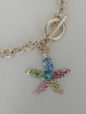 Y2k pink blue green tiny crystal starfish pendant silver tone bracelet